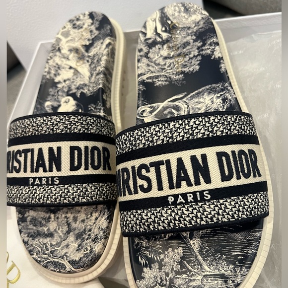 Price Firm NEW Christian Dior DWAY Blue Toile de Jouy Slide Sandals - Picture 14 of 15